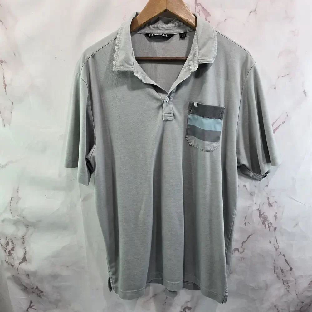 Travis Mathew Shirt Mens Large Gray Polo Blue Pocket Stripe Short Sleeve